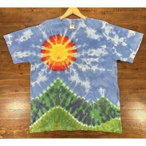 Hand Dyed Tie Dye T Shirt XL Sun Mountain Psychedelic Festival Crew Neck Tee